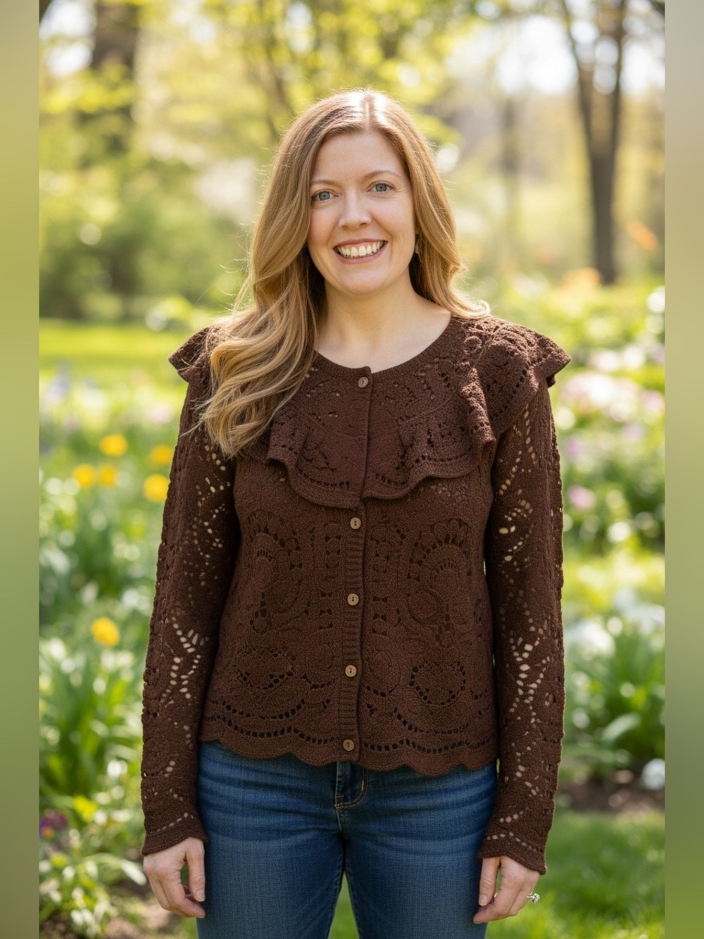 Rich Chocolate Brown Crochet Ruffled Crocheted Button-Front Sweater